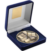 BLUE VELVET BOX AND ANTIQUE GOLD MEDALLION REFEREE TROPHY - 4in